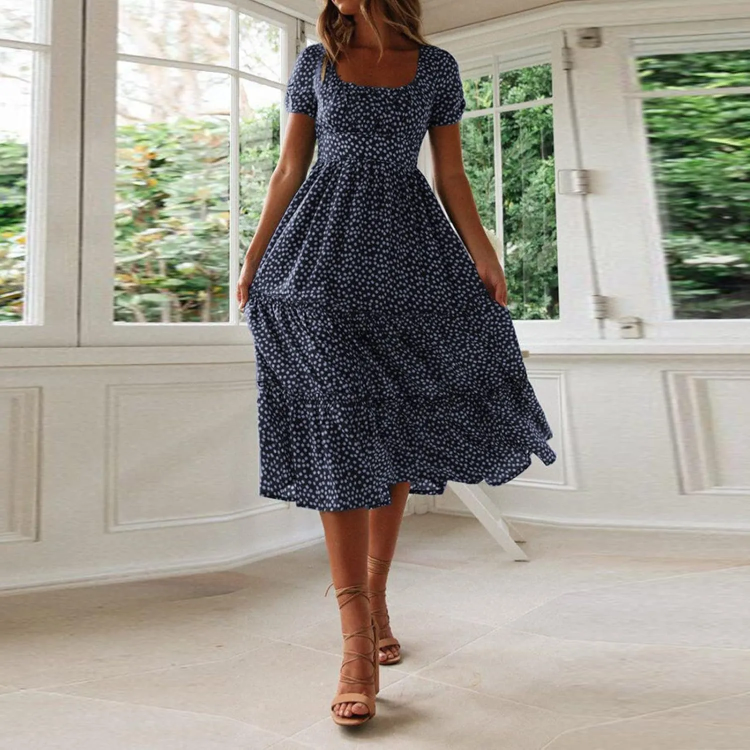 Dresses for Women 2024 Fashion Print Short Sleeve Summer Maxi Dress Casual Plus Size Long A Line Boho Beach Floral Midi Dress