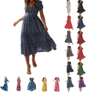 Dresses for Women 2024 Fashion Print Short Sleeve Summer Maxi Dress Casual Plus Size Long A Line Boho Beach Floral Midi Dress