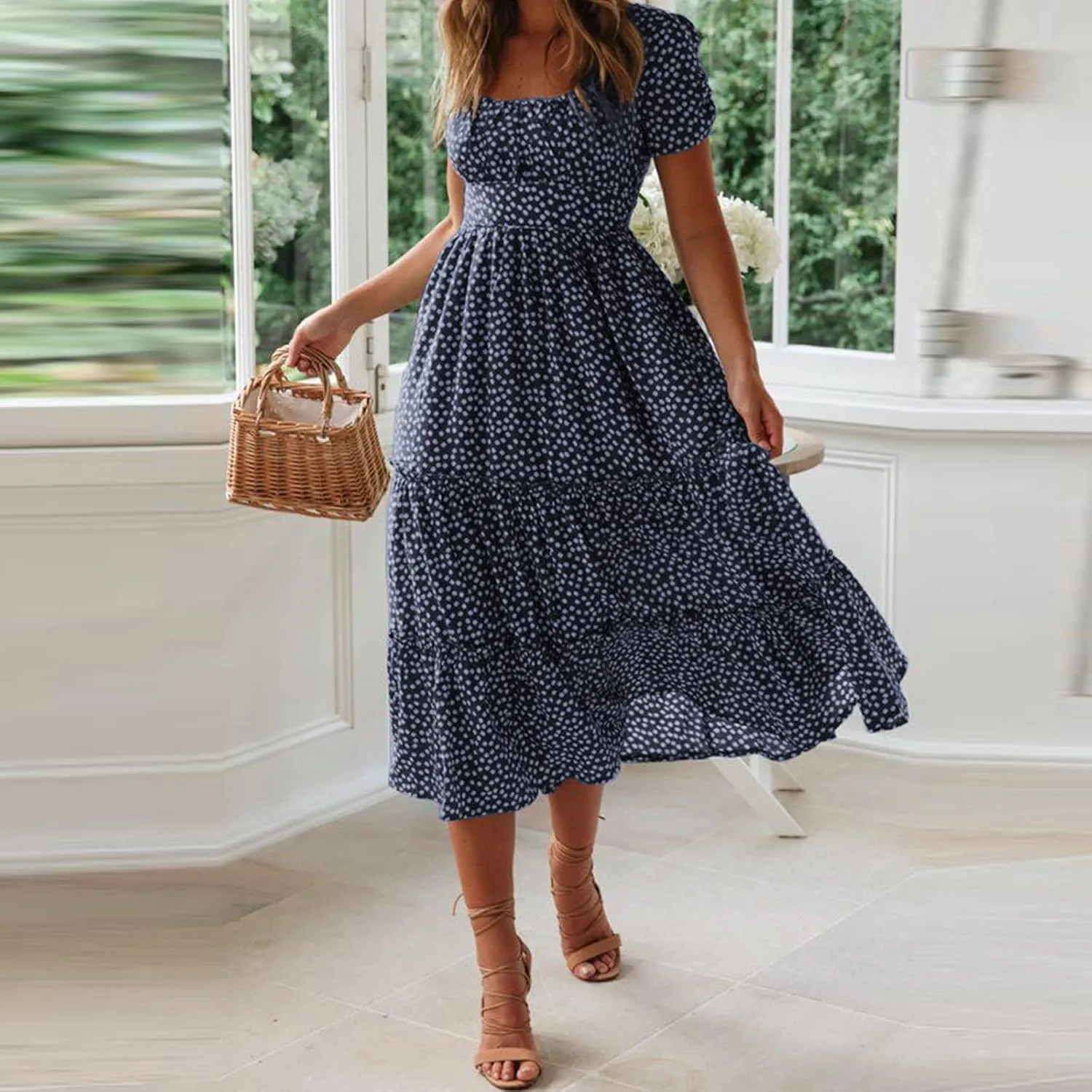 Dresses for Women 2024 Fashion Print Short Sleeve Summer Maxi Dress Casual Plus Size Long A Line Boho Beach Floral Midi Dress