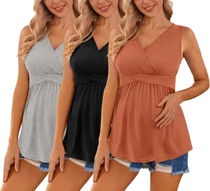Ekouaer Women's Maternity Tank Tops 3 Packs Sleeveless Nursing Tops V Neck Breastfeeding Shirts Pregnancy Clothes