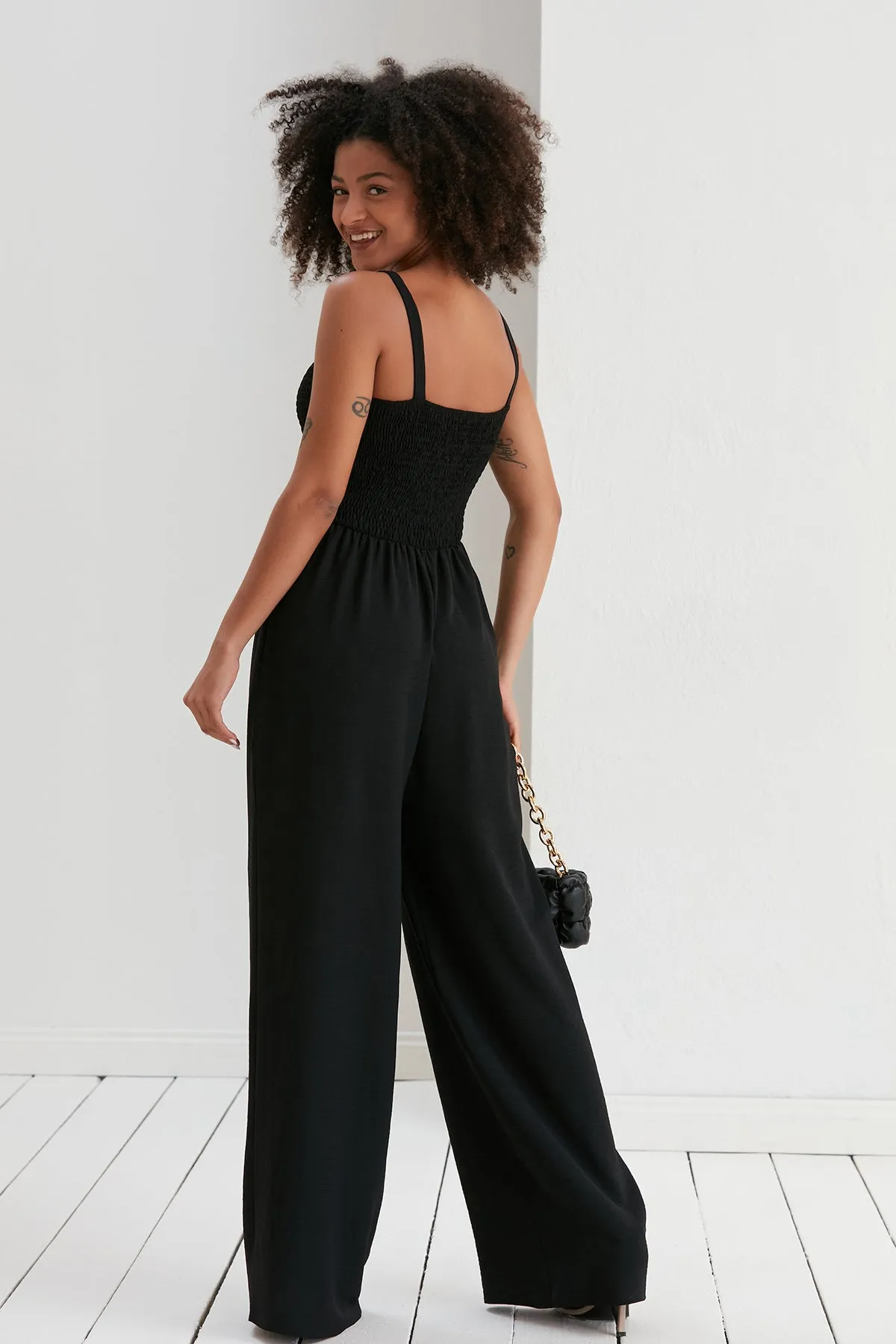 Elasticated Wide Leg Cami Jumpsuit in Black