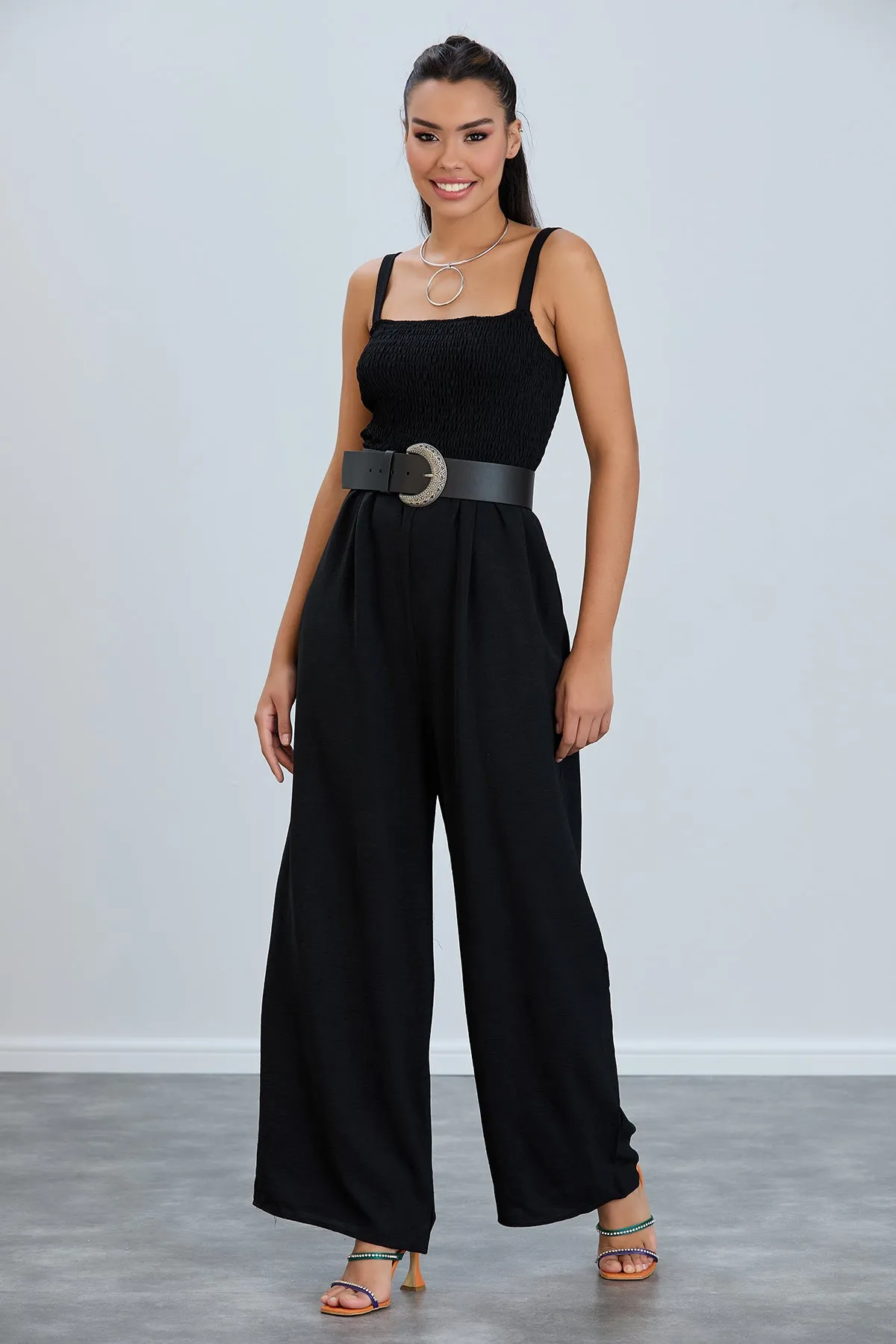 Elasticated Wide Leg Cami Jumpsuit in Black