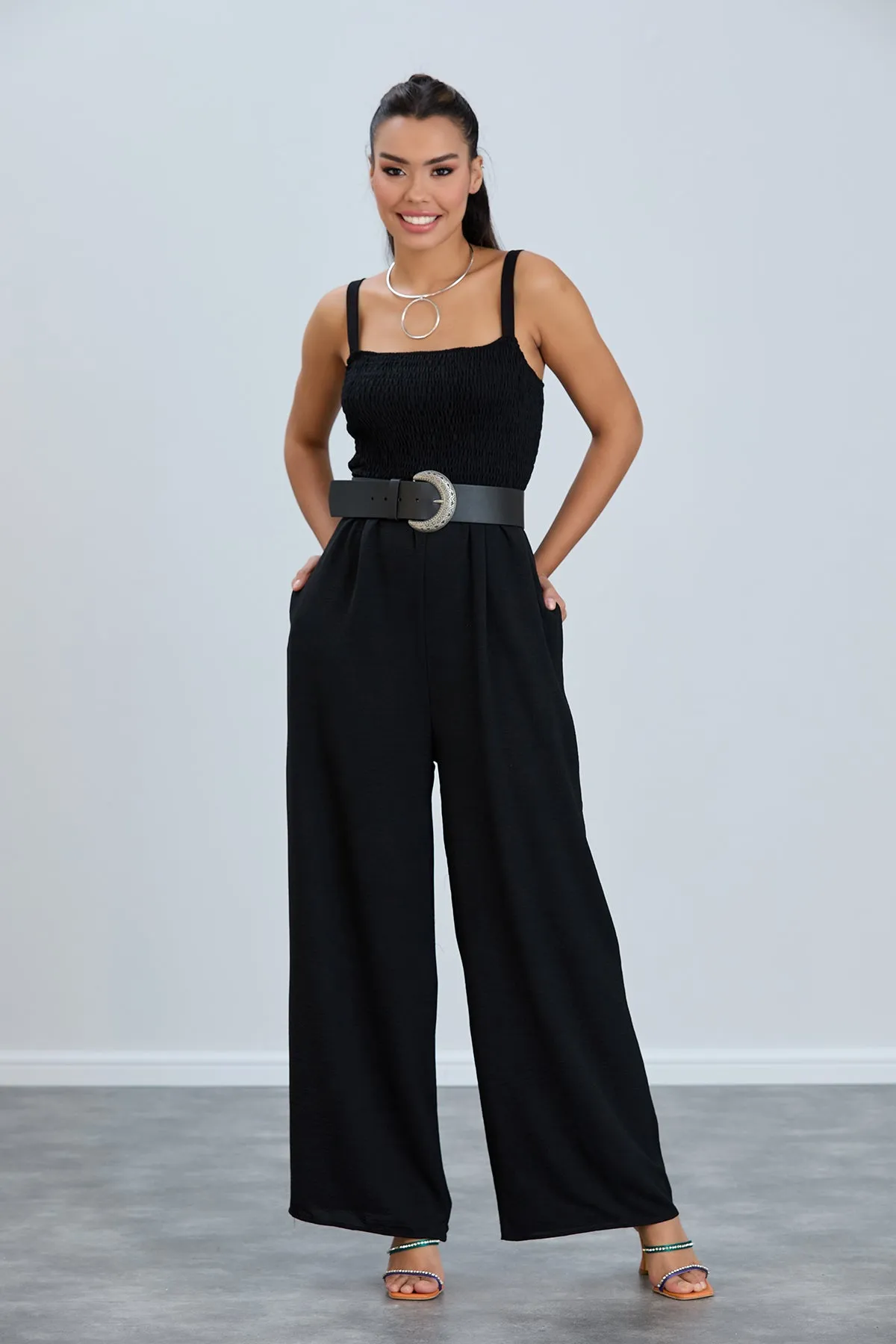 Elasticated Wide Leg Cami Jumpsuit in Black