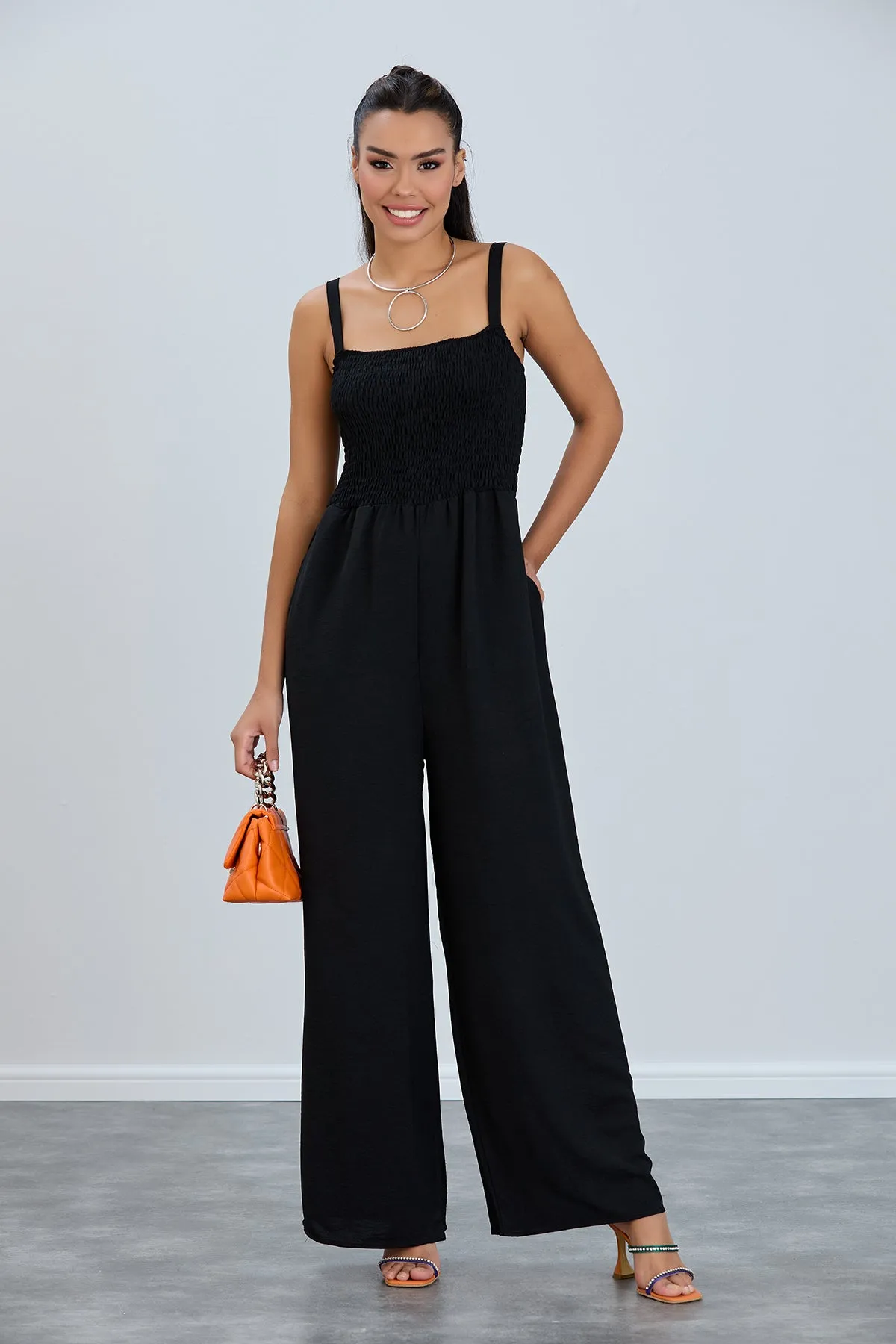 Elasticated Wide Leg Cami Jumpsuit in Black