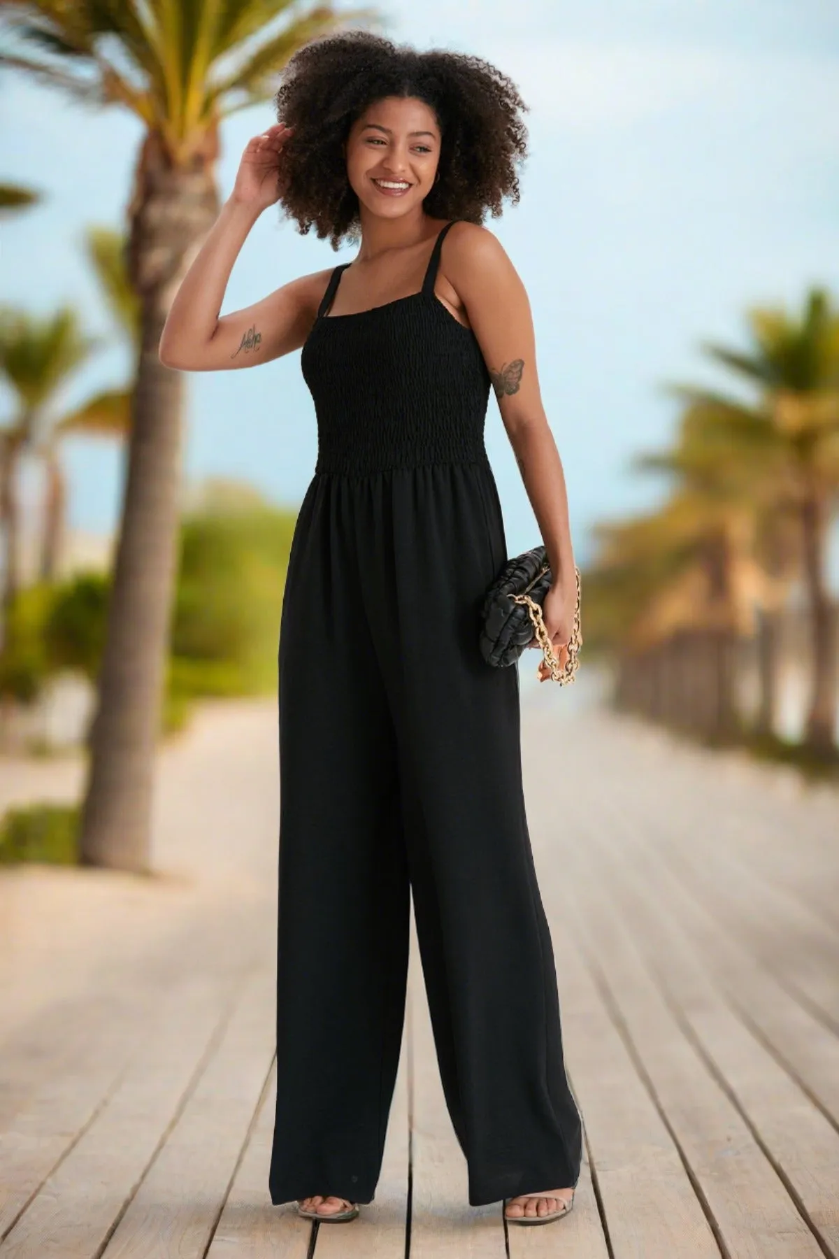 Elasticated Wide Leg Cami Jumpsuit in Black