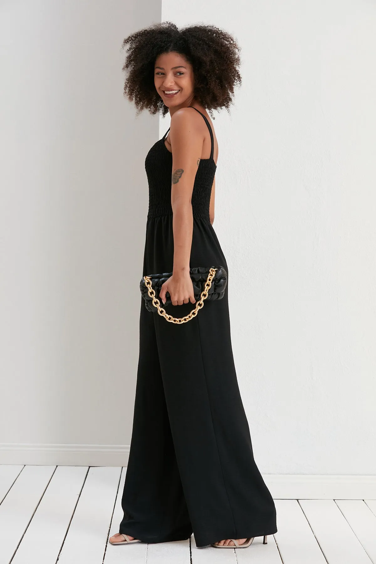 Elasticated Wide Leg Cami Jumpsuit in Black