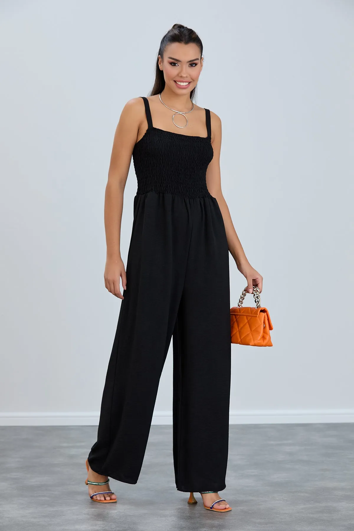 Elasticated Wide Leg Cami Jumpsuit in Black