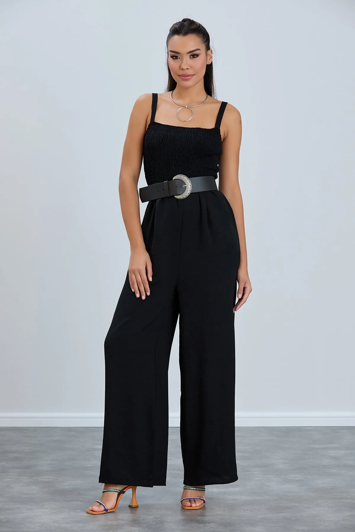Elasticated Wide Leg Cami Jumpsuit in Black