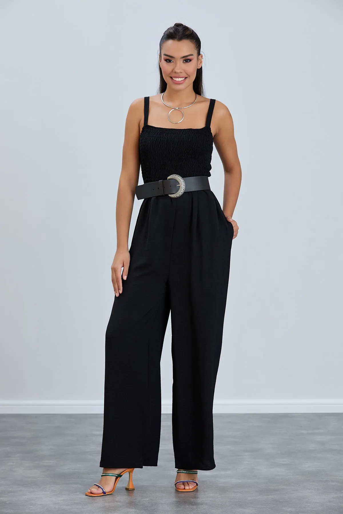 Elasticated Wide Leg Cami Jumpsuit in Black