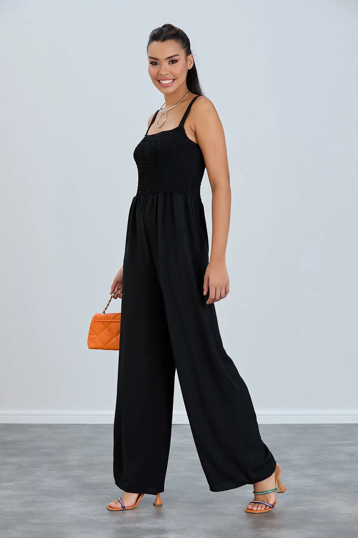 Elasticated Wide Leg Cami Jumpsuit in Black