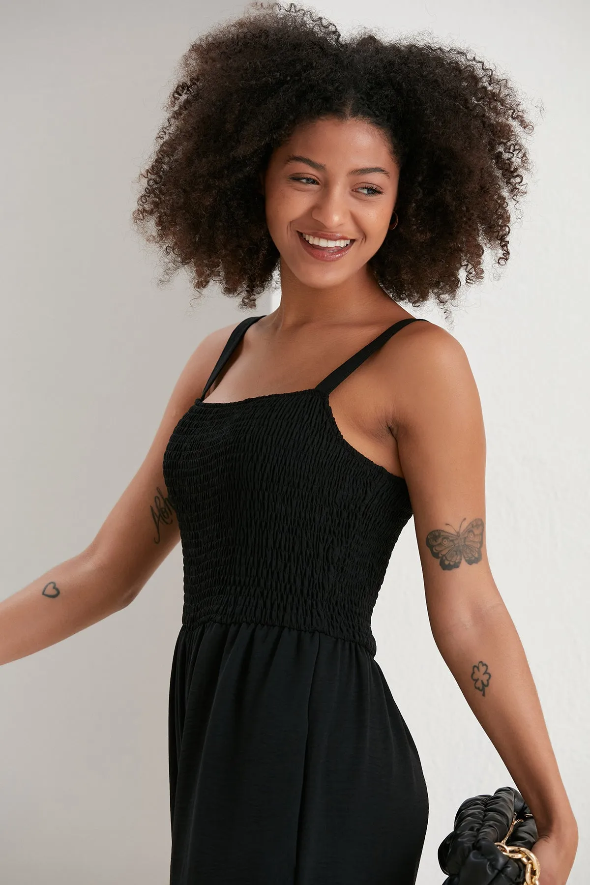 Elasticated Wide Leg Cami Jumpsuit in Black