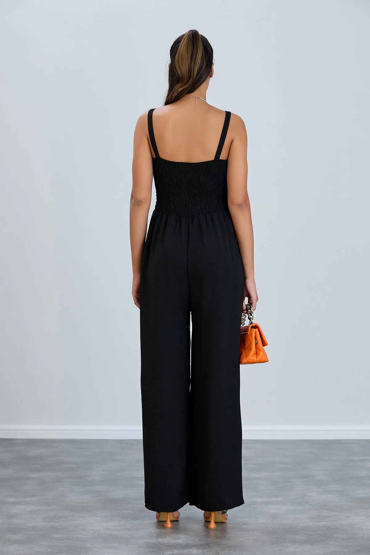 Elasticated Wide Leg Cami Jumpsuit in Black