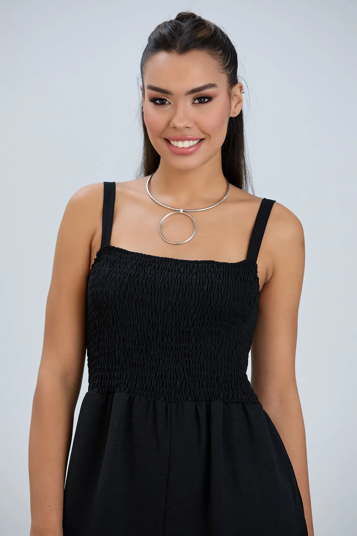 Elasticated Wide Leg Cami Jumpsuit in Black