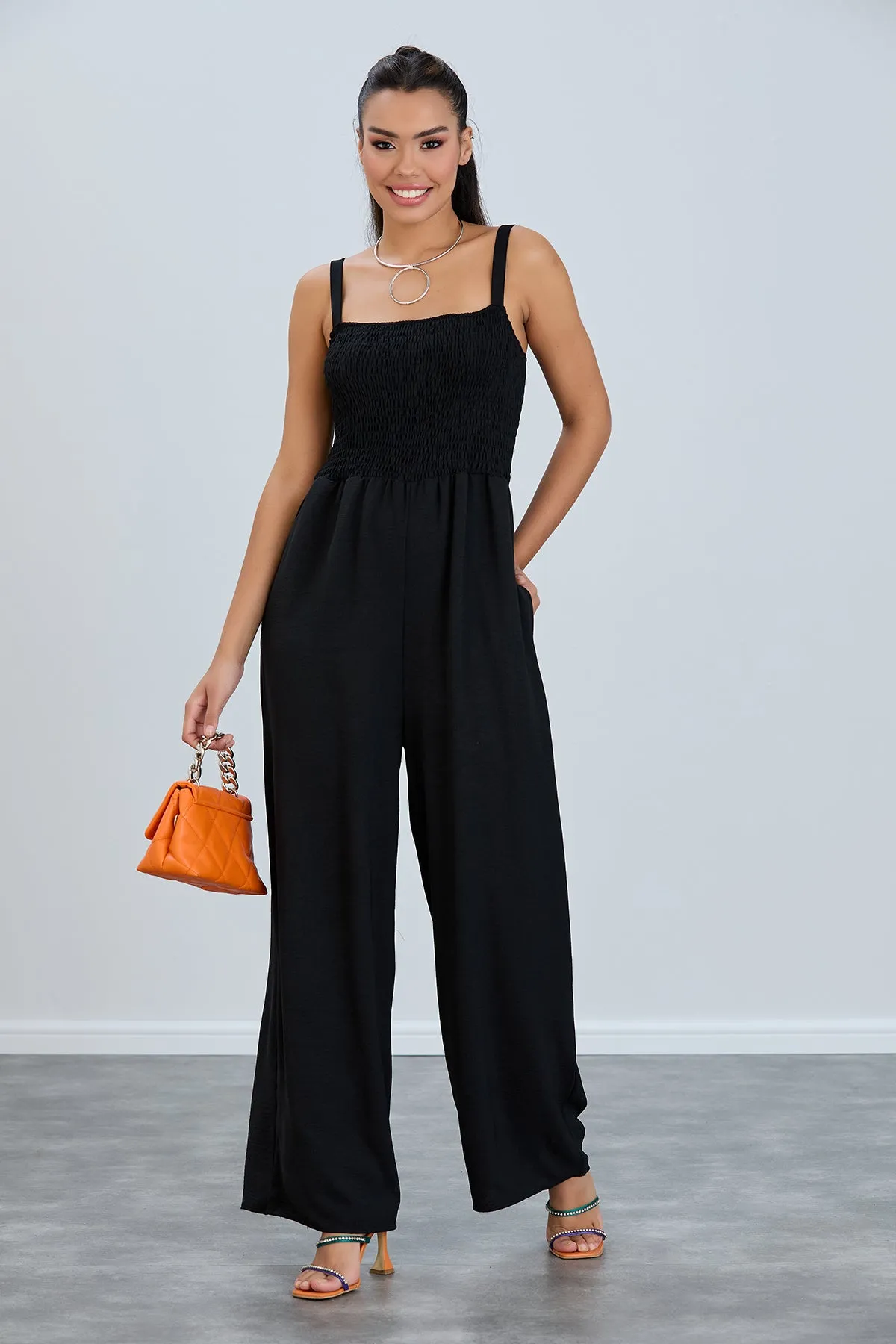 Elasticated Wide Leg Cami Jumpsuit in Black