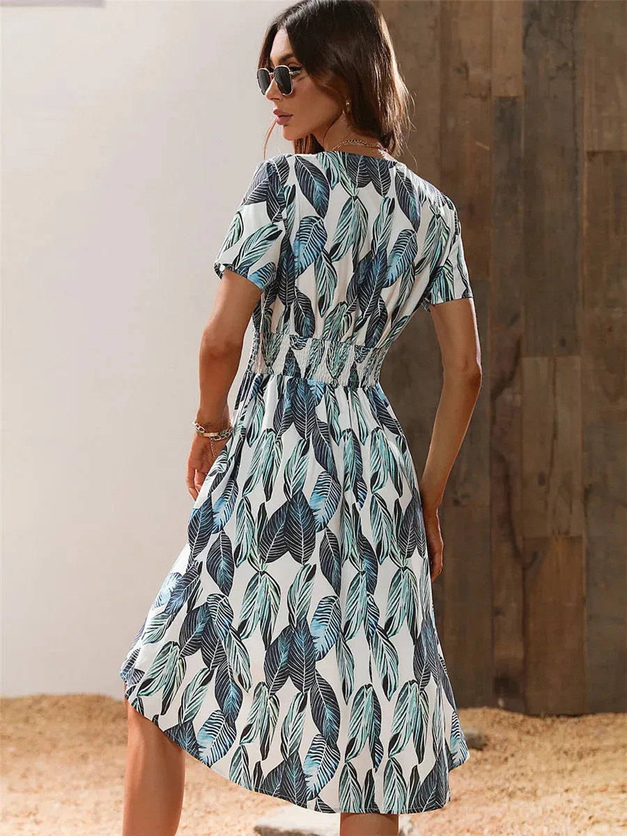 Elegant Black V-necked Spring Summer Vacation Floral Printed Flare Midi Dress