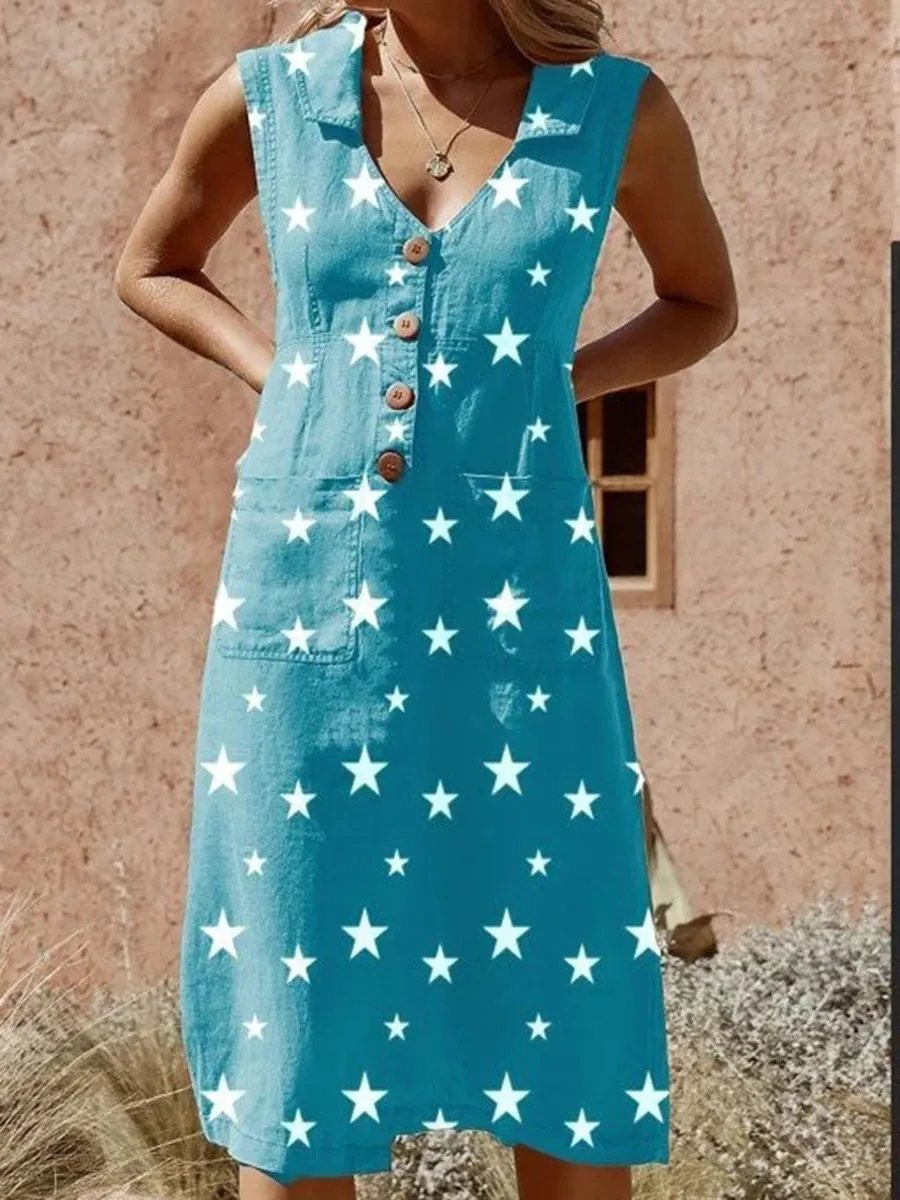 Elegant Buttoned Printed Pockets Midi Dress