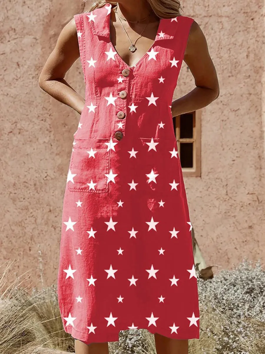 Elegant Buttoned Printed Pockets Midi Dress