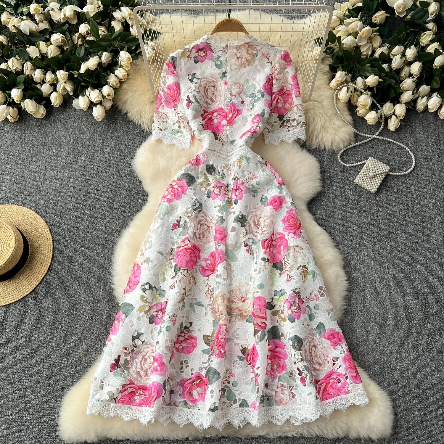 Elegant Floral Embroidered Lace Dress