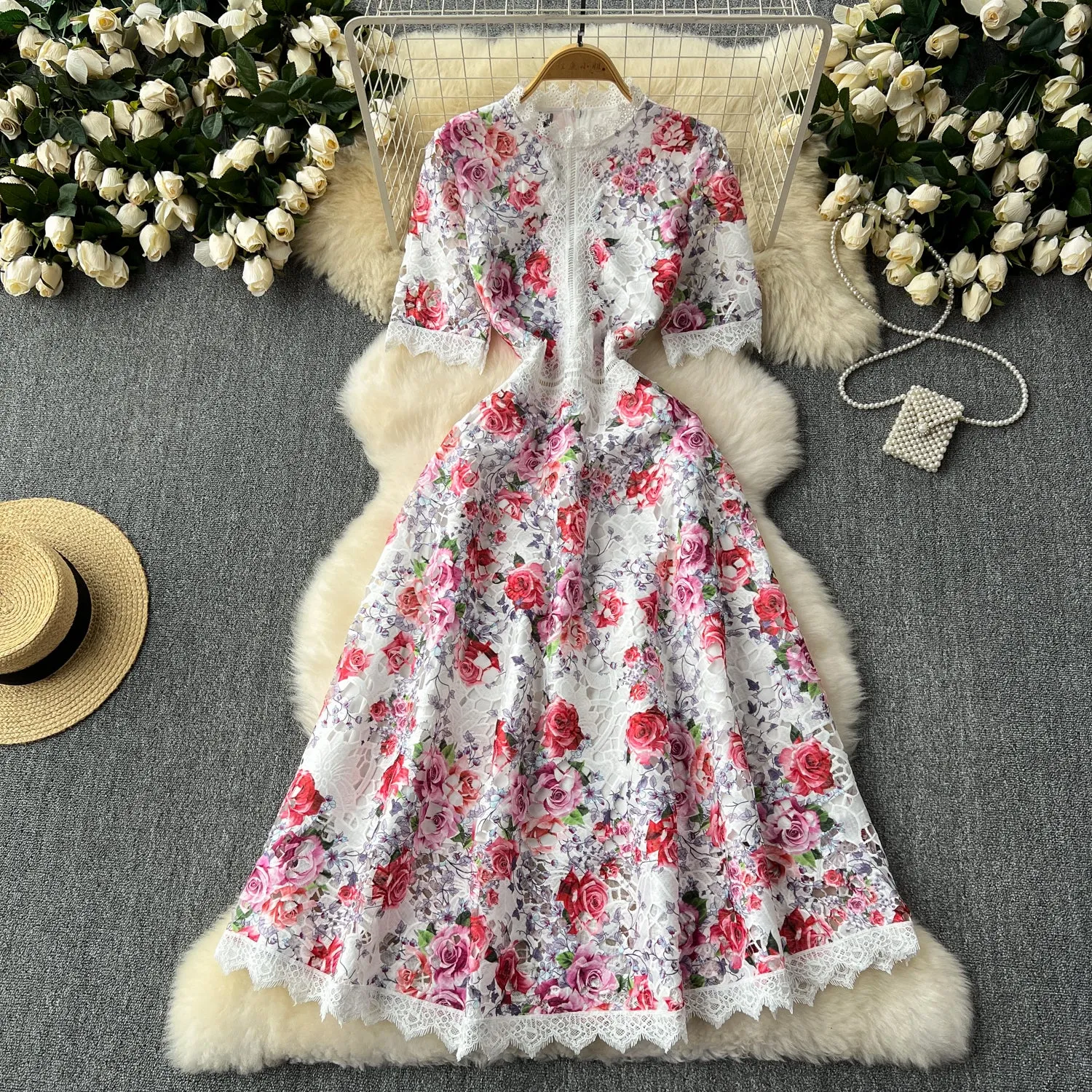 Elegant Floral Embroidered Lace Dress