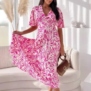 Elegant Floral Prints Summer Midi Dress 2024 New Skinny V-neck Short Sleeved High Waisted Midi Dress