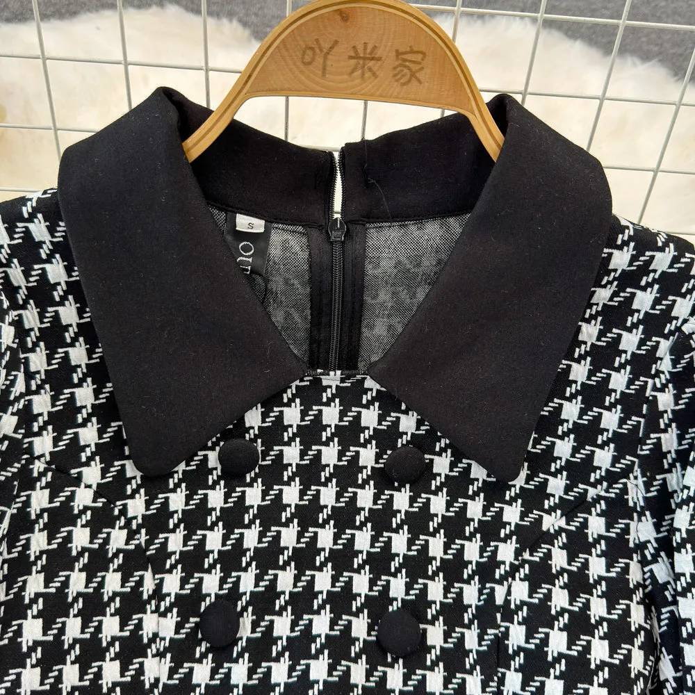 Elegant Lapeled Houndstooth Dress