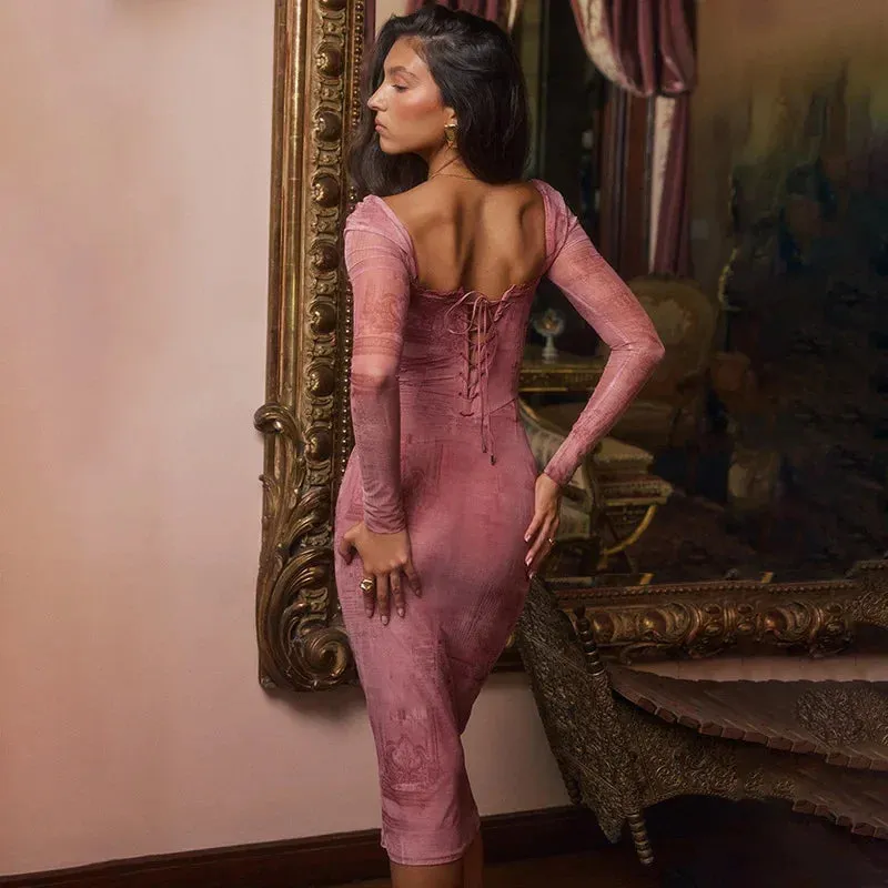 Elegant Long Sleeve Fall Lace Midi Dress with Fashion Print Bandage Corset