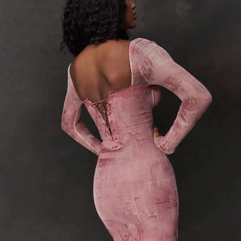 Elegant Long Sleeve Fall Lace Midi Dress with Fashion Print Bandage Corset
