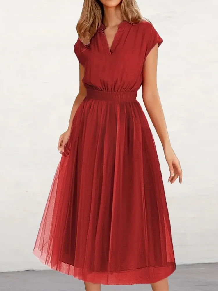 Elegant Party Dresses for Women 2023 Summer Fashion Tunic Mesh Dress V-Neck Long Dress Formal Occasion Dresses Woman Clothing