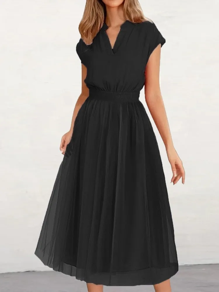 Elegant Party Dresses for Women 2023 Summer Fashion Tunic Mesh Dress V-Neck Long Dress Formal Occasion Dresses Woman Clothing