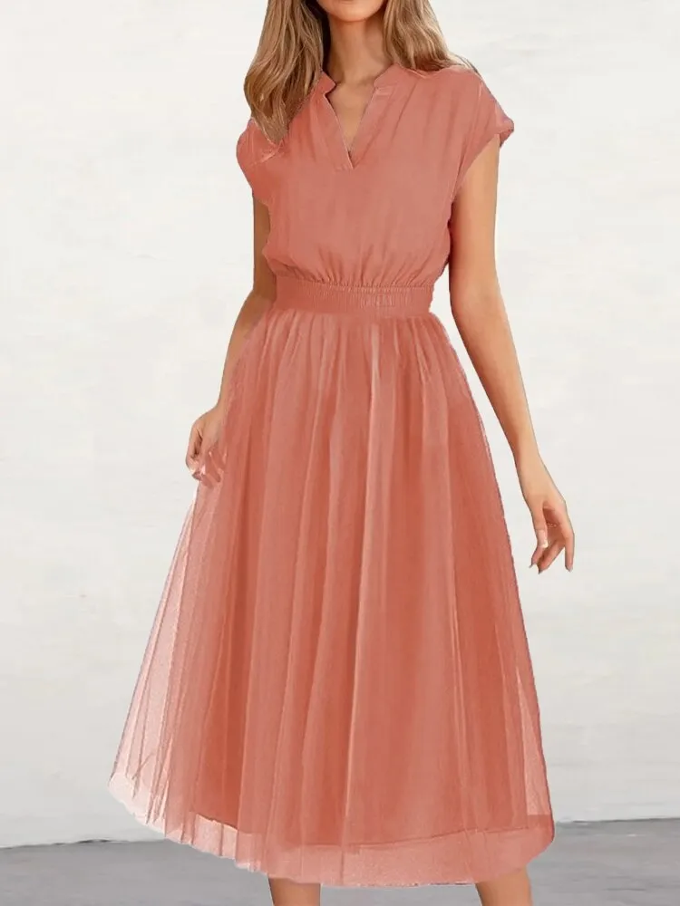 Elegant Party Dresses for Women 2023 Summer Fashion Tunic Mesh Dress V-Neck Long Dress Formal Occasion Dresses Woman Clothing