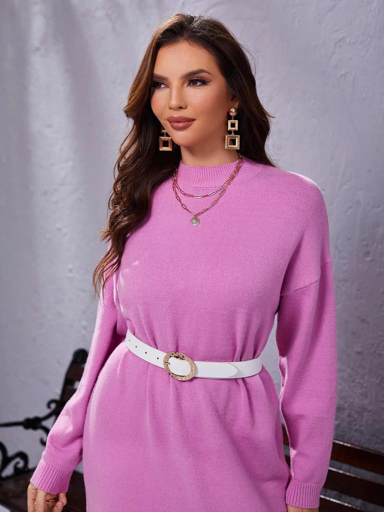 Elegant Plain Long Sleeve Stand Collar Straight Natural Midi Women Sweater Dress