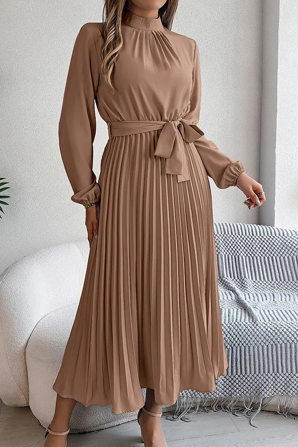 Elegant Stand-collar Long-sleeve Waisted Tie-up Pleated Midi Dress