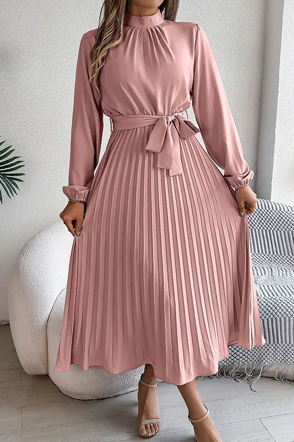 Elegant Stand-collar Long-sleeve Waisted Tie-up Pleated Midi Dress