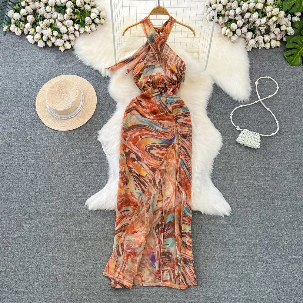 Elegant Tie-dye Backless Halter Dress
