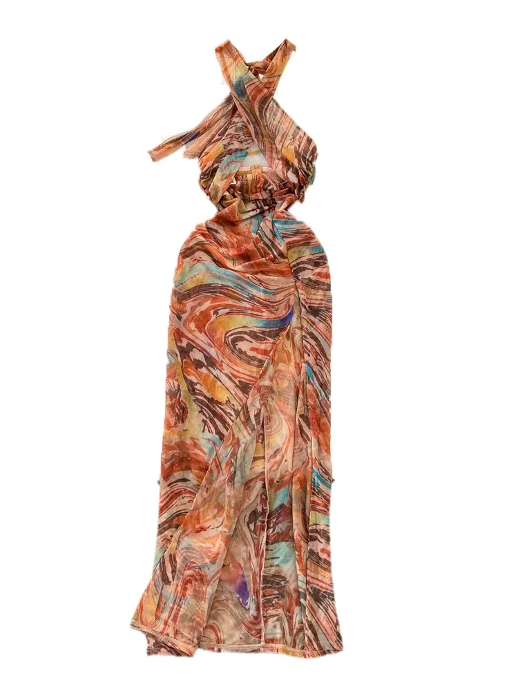 Elegant Tie-dye Backless Halter Dress