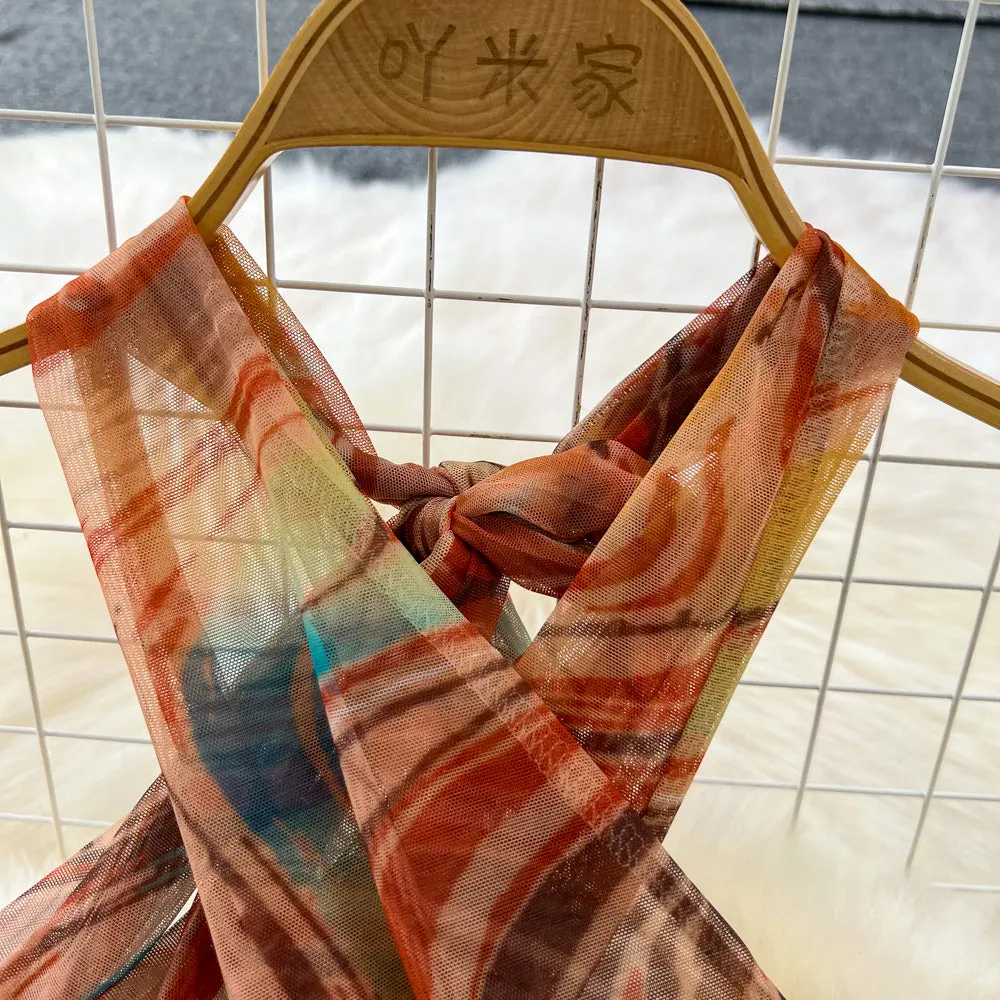 Elegant Tie-dye Backless Halter Dress