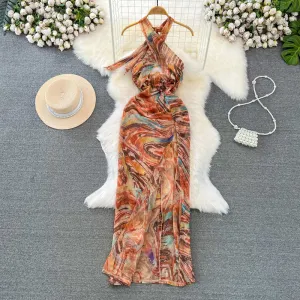 Elegant Tie-dye Backless Halter Dress