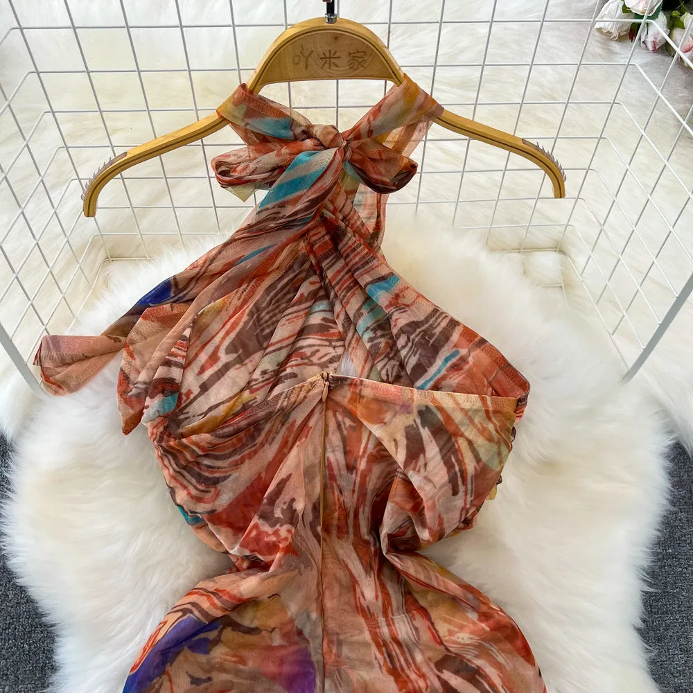Elegant Tie-dye Backless Halter Dress