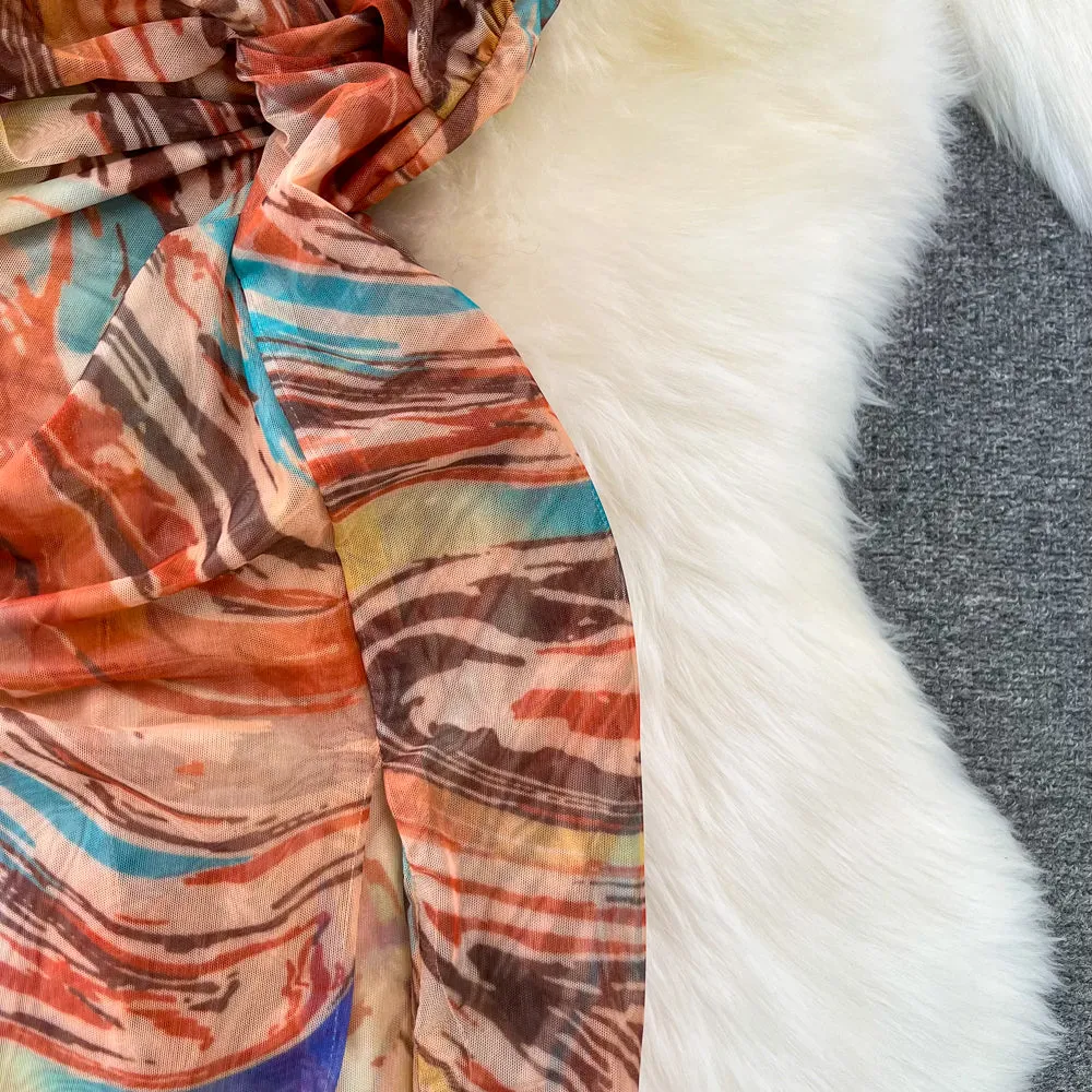 Elegant Tie-dye Backless Halter Dress
