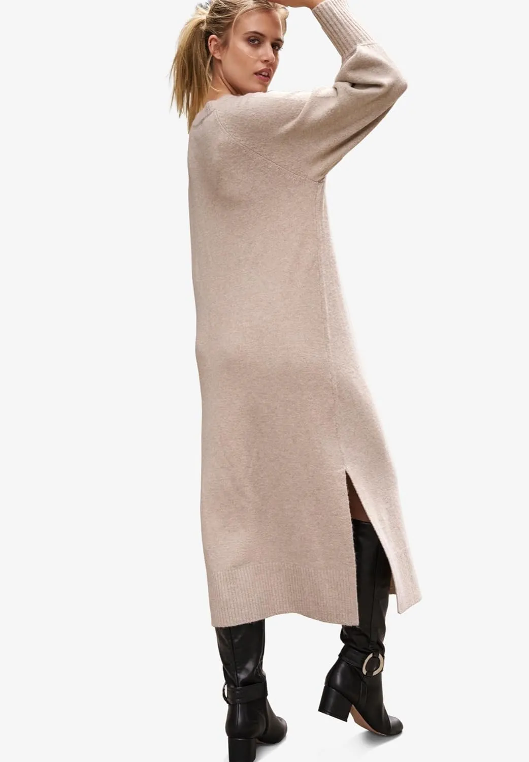 ellos Plus Size V-Neck Midi Sweater Dress with Side Slits