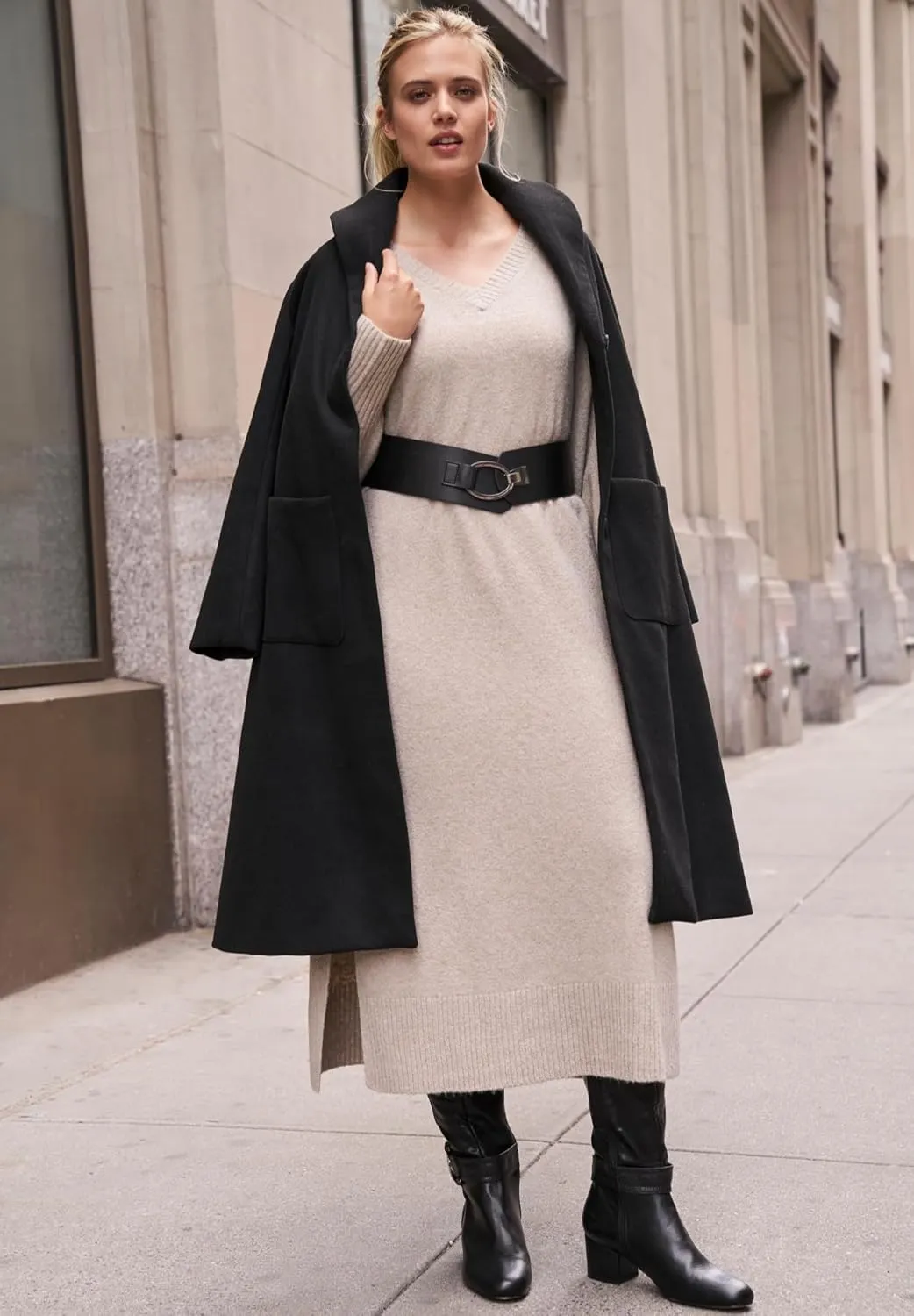 ellos Plus Size V-Neck Midi Sweater Dress with Side Slits