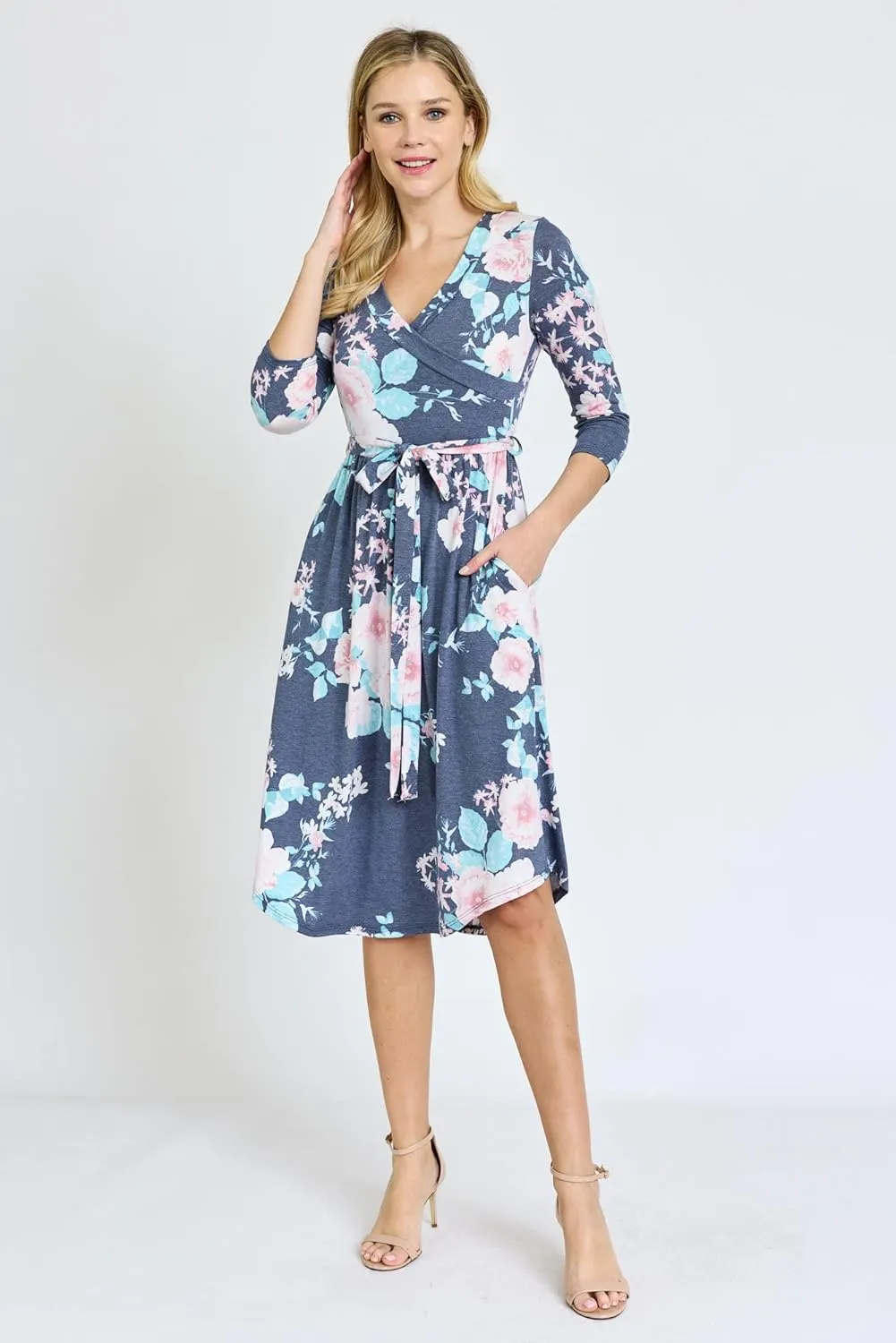 Eloges Women's 3/4 Sleeve Surplice Midi Dress with Sash