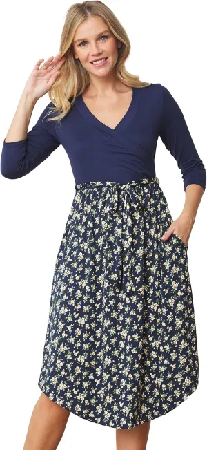 Eloges Women's 3/4 Sleeve Surplice Midi Dress with Sash
