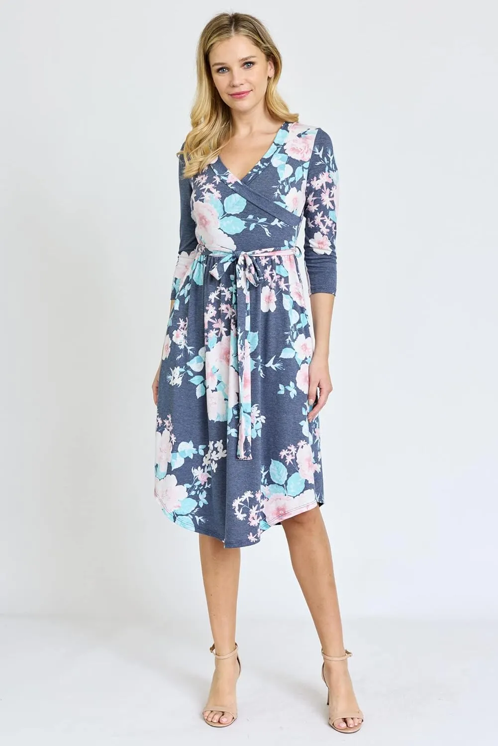 Eloges Women's 3/4 Sleeve Surplice Midi Dress with Sash