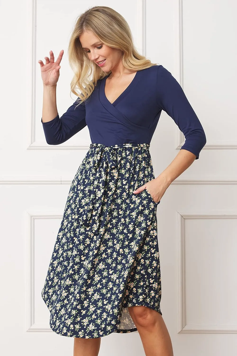 Eloges Women's 3/4 Sleeve Surplice Midi Dress with Sash