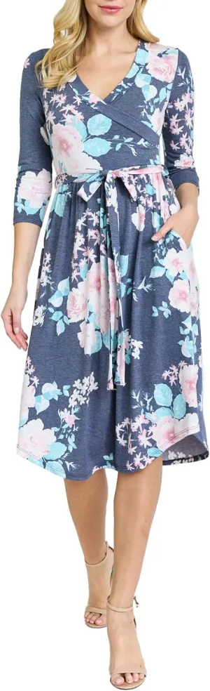 Eloges Women's 3/4 Sleeve Surplice Midi Dress with Sash