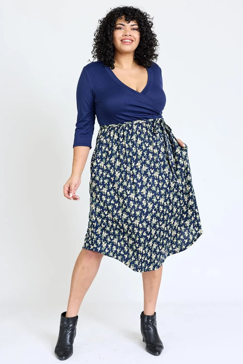 Eloges Women's 3/4 Sleeve Surplice Midi Dress with Sash