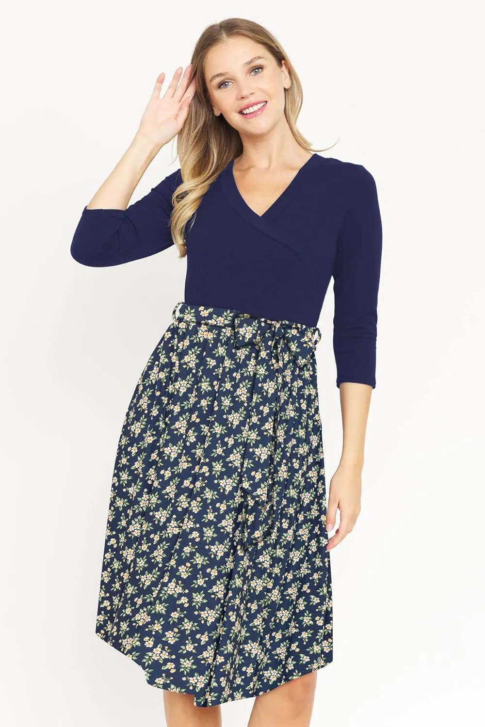 Eloges Women's 3/4 Sleeve Surplice Midi Dress with Sash