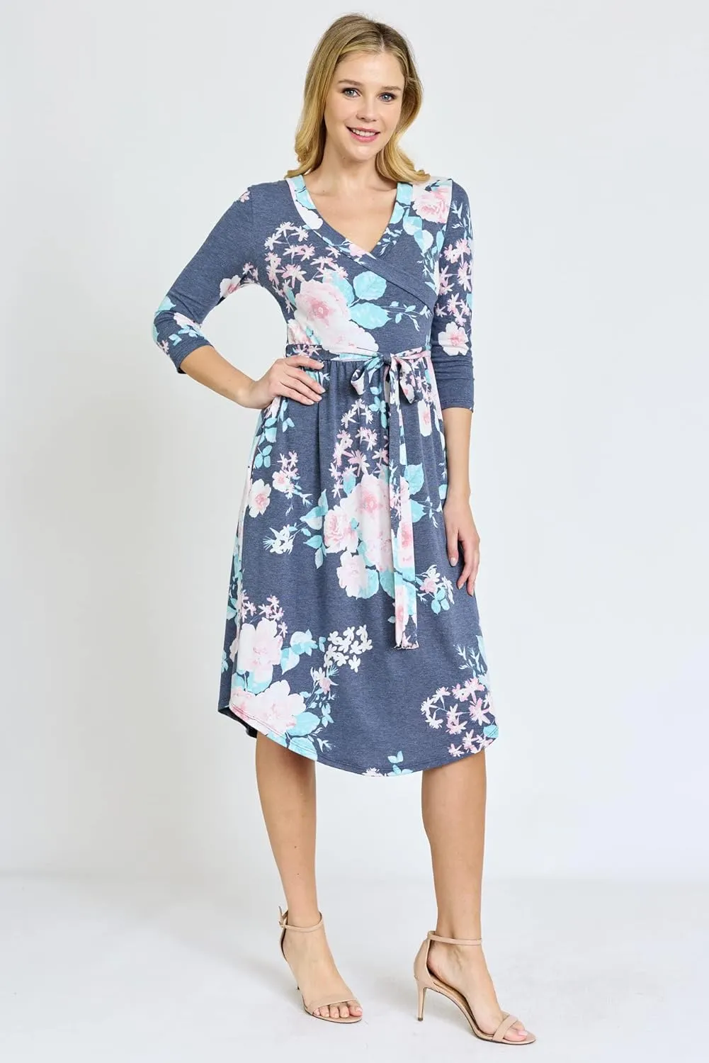Eloges Women's 3/4 Sleeve Surplice Midi Dress with Sash