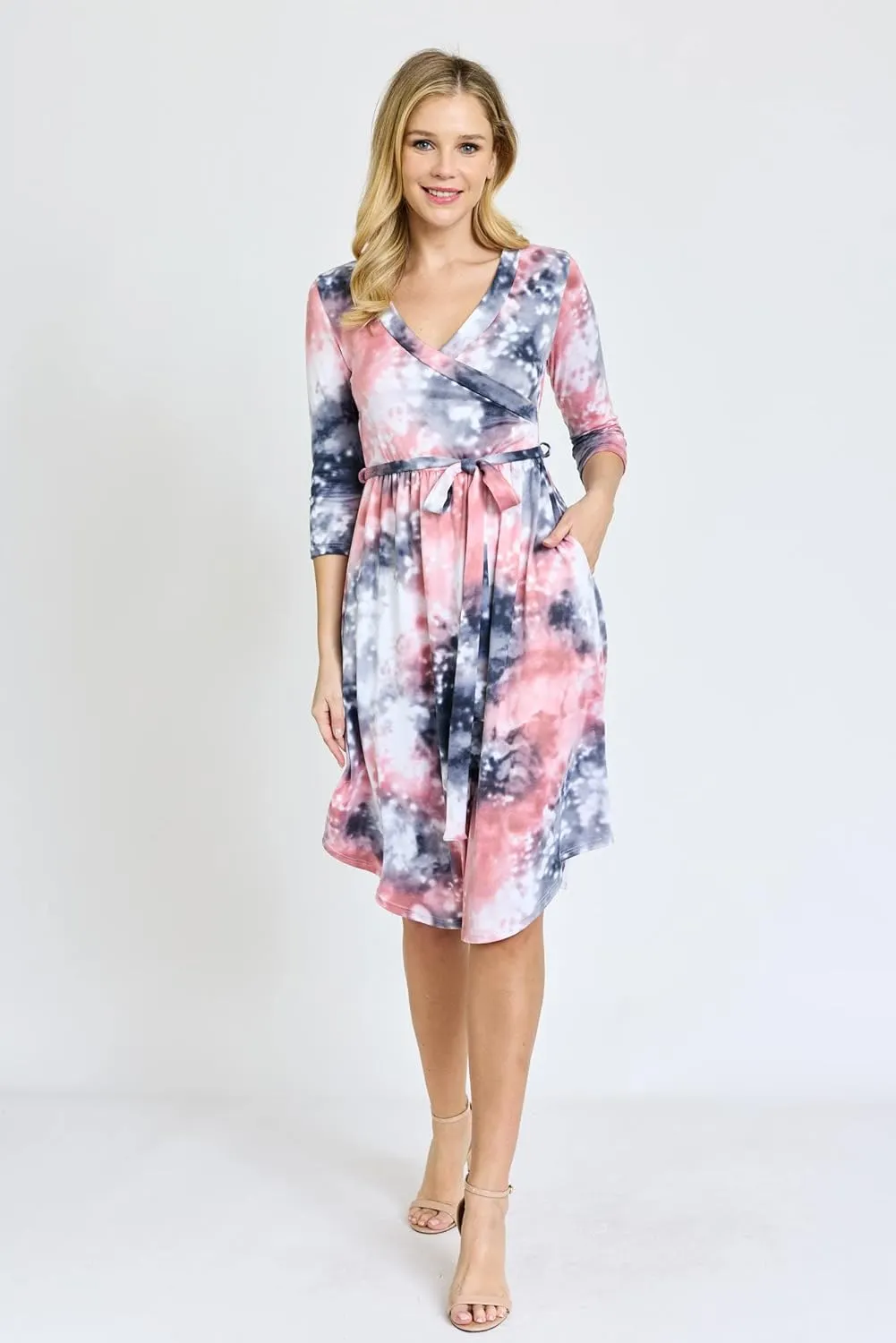 Eloges Women's 3/4 Sleeve Surplice Midi Dress with Sash